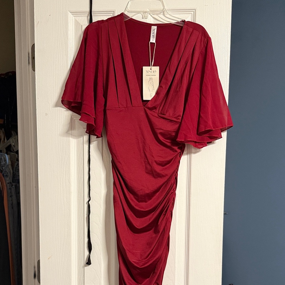 Nina Leonard Deep Red Midi Dress
